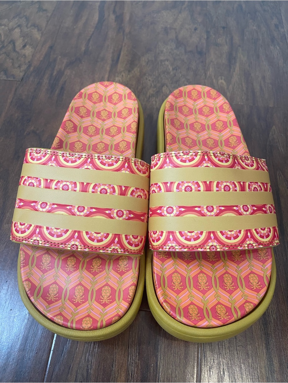 Adidas x FARM Rio Adilette Platform Slides Pink Gold Pineapple Print Size 6